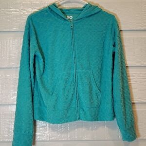 SO TOWEL TERRY ZIP HOODIE AQUA CHECK PRINT GIRLS SZ XL 14/16 COZY SOFT